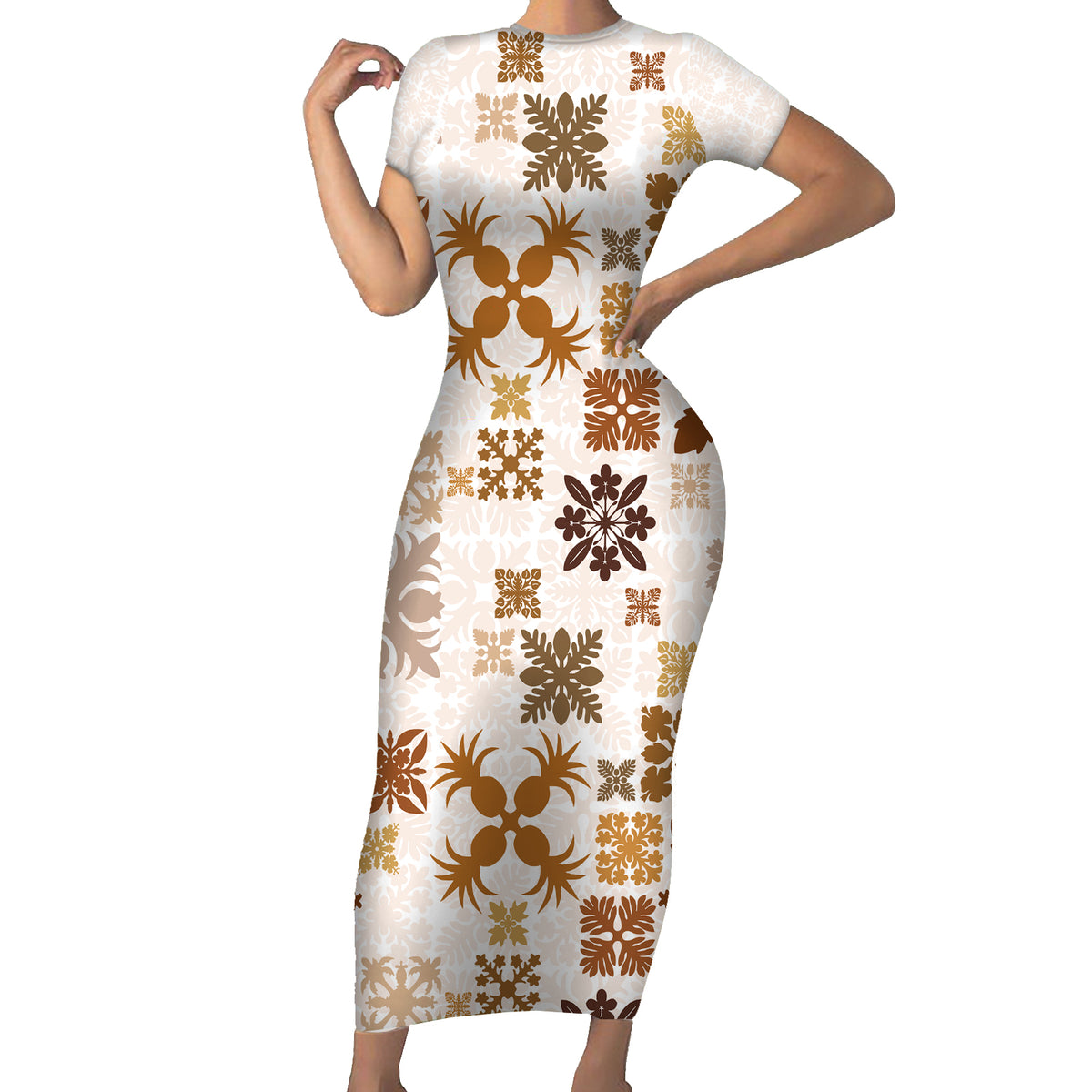 Vintage Hawaii Family Matching Short Sleeve Bodycon Dress and Hawaiian Shirt Hawaiian Quilt Kapa Mismatch Beige - Wonder Print Shop