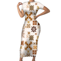 Vintage Hawaii Family Matching Short Sleeve Bodycon Dress and Hawaiian Shirt Hawaiian Quilt Kapa Mismatch Beige - Wonder Print Shop