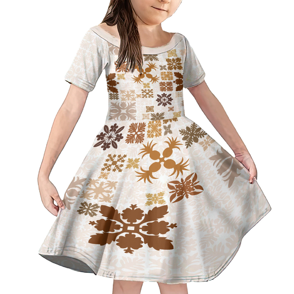 Vintage Hawaii Family Matching Summer Maxi Dress and Hawaiian Shirt Hawaiian Quilt Kapa Mismatch Beige - Wonder Print Shop