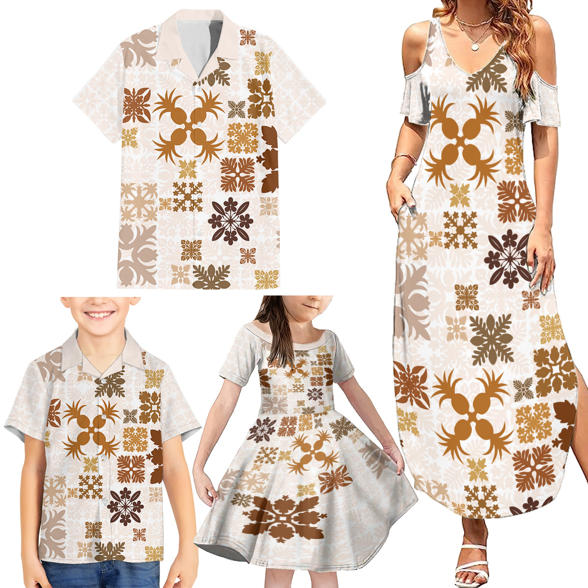 Vintage Hawaii Family Matching Summer Maxi Dress and Hawaiian Shirt Hawaiian Quilt Kapa Mismatch Beige - Wonder Print Shop