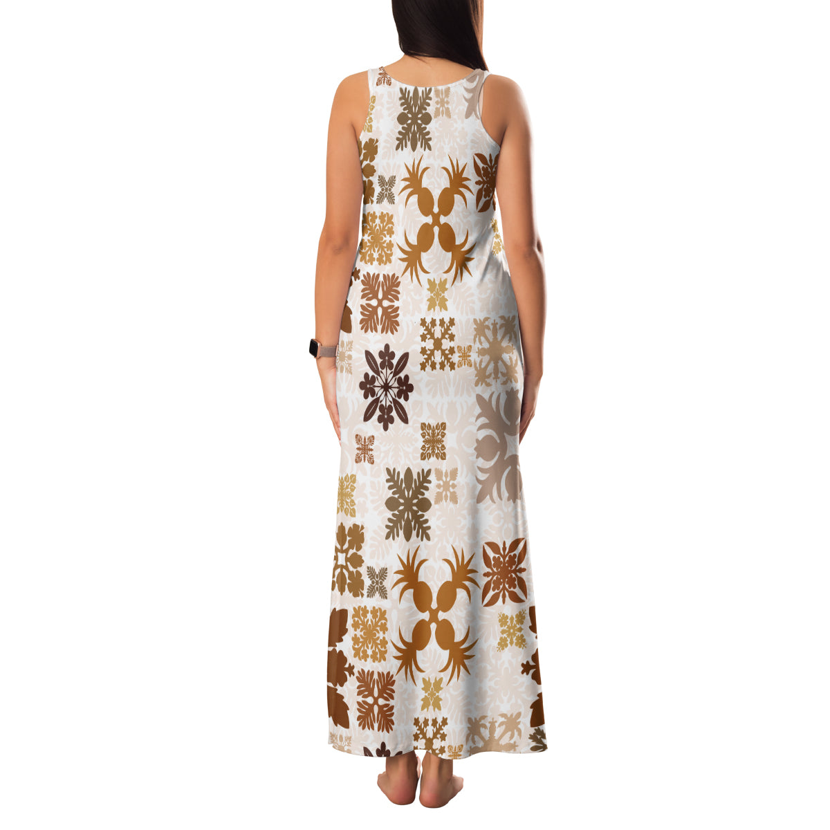 Vintage Hawaii Family Matching Tank Maxi Dress and Hawaiian Shirt Hawaiian Quilt Kapa Mismatch Beige - Wonder Print Shop