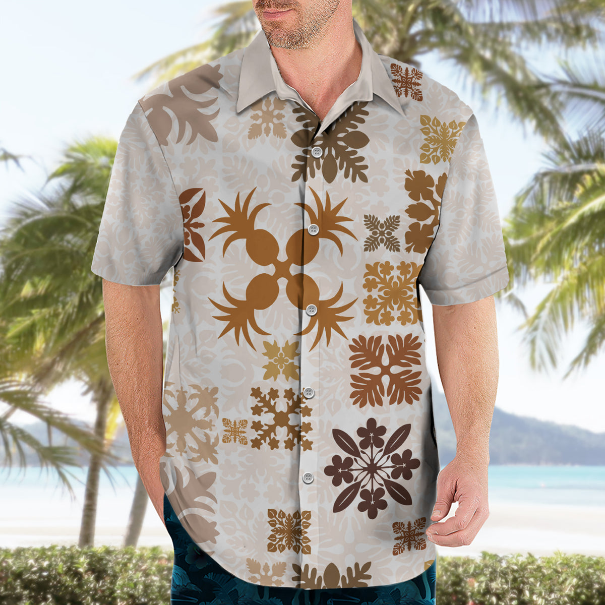 Vintage Hawaii Hawaiian Shirt Hawaiian Quilt Kapa Mismatch Beige - Wonder Print Shop