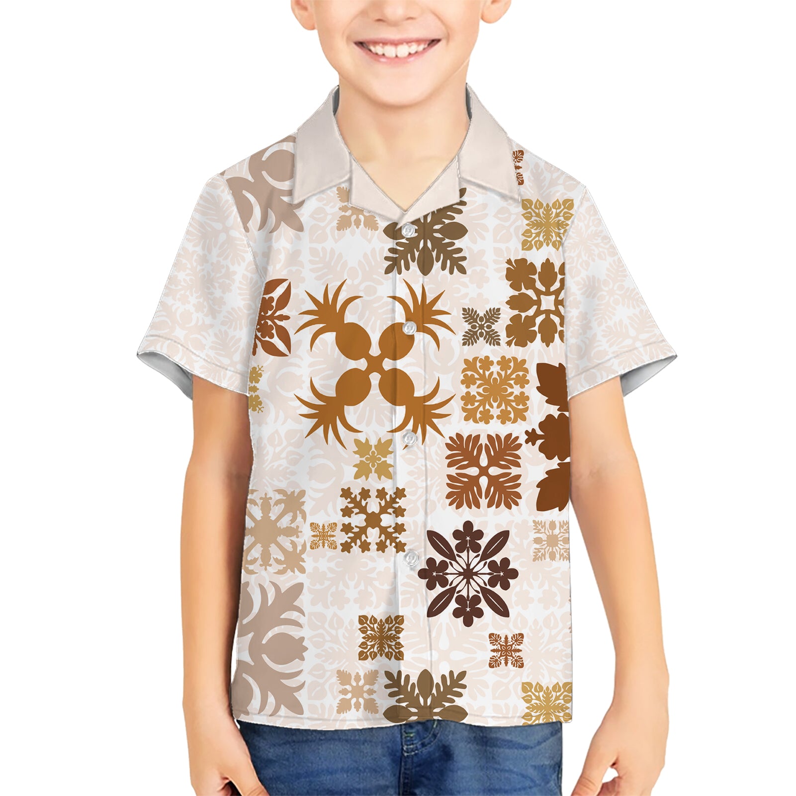 Vintage Hawaii Kid Hawaiian Shirt Hawaiian Quilt Kapa Mismatch Beige - Wonder Print Shop