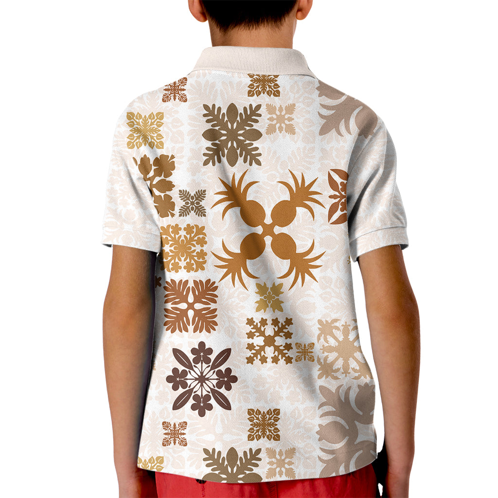 Vintage Hawaii Kid Polo Shirt Hawaiian Quilt Kapa Mismatch Beige - Wonder Print Shop