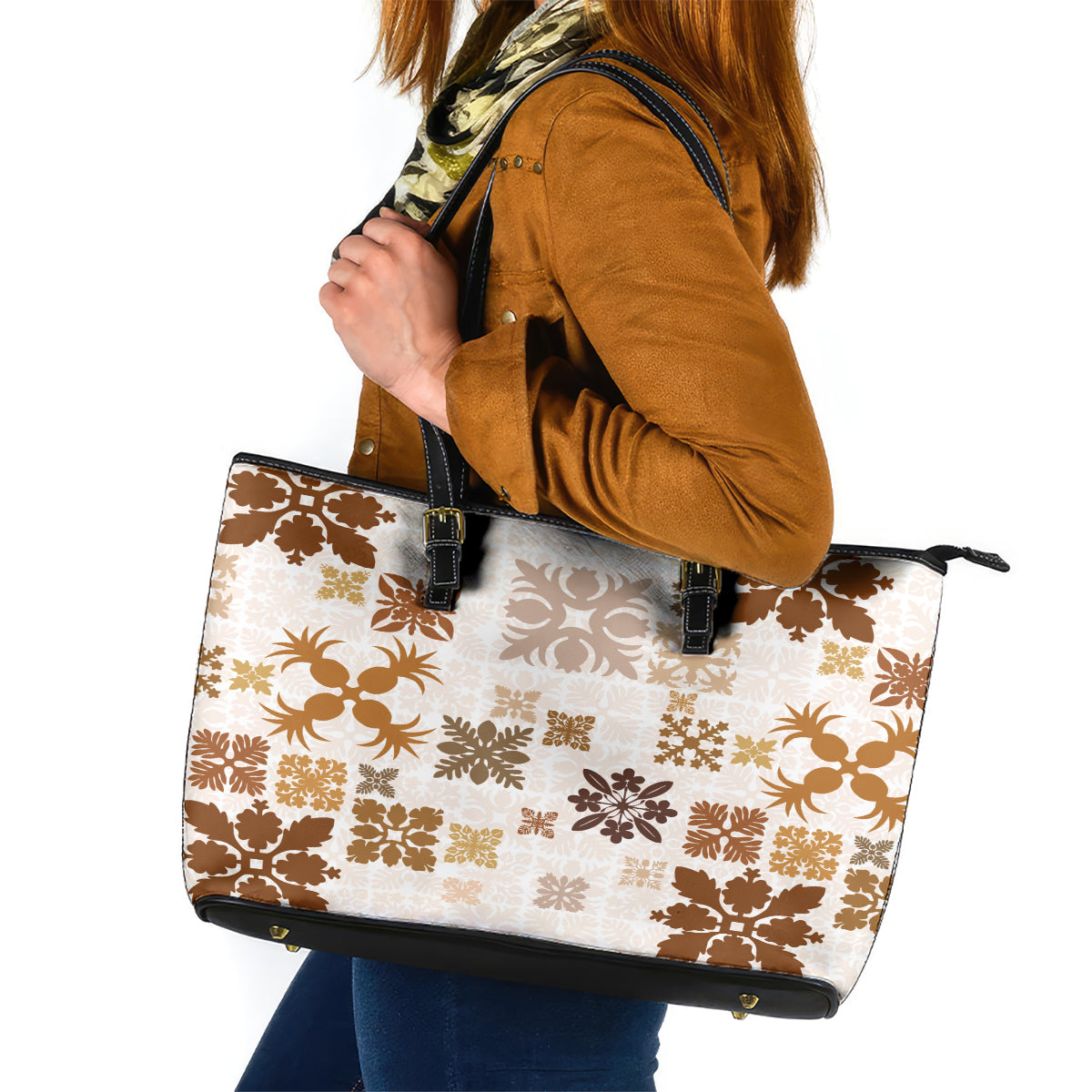 Vintage Hawaii Leather Tote Bag Hawaiian Quilt Kapa Mismatch Beige - Wonder Print Shop