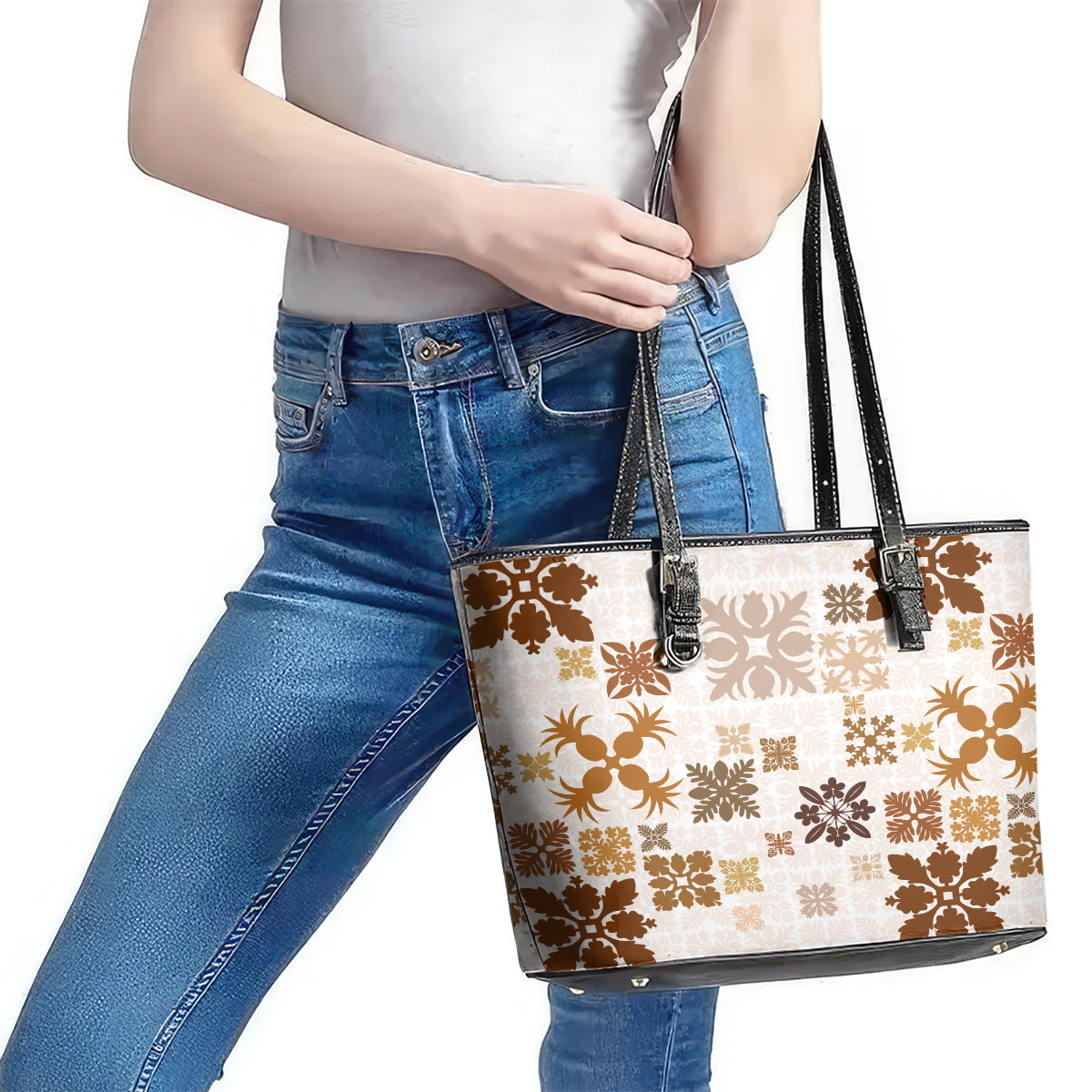 Vintage Hawaii Leather Tote Bag Hawaiian Quilt Kapa Mismatch Beige - Wonder Print Shop