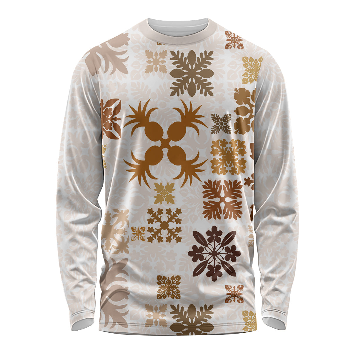 Vintage Hawaii Long Sleeve Shirt Hawaiian Quilt Kapa Mismatch Beige - Wonder Print Shop