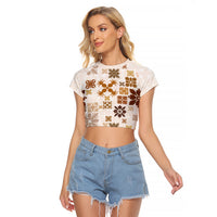 Vintage Hawaii Raglan Cropped T Shirt Hawaiian Quilt Kapa Mismatch Beige - Wonder Print Shop