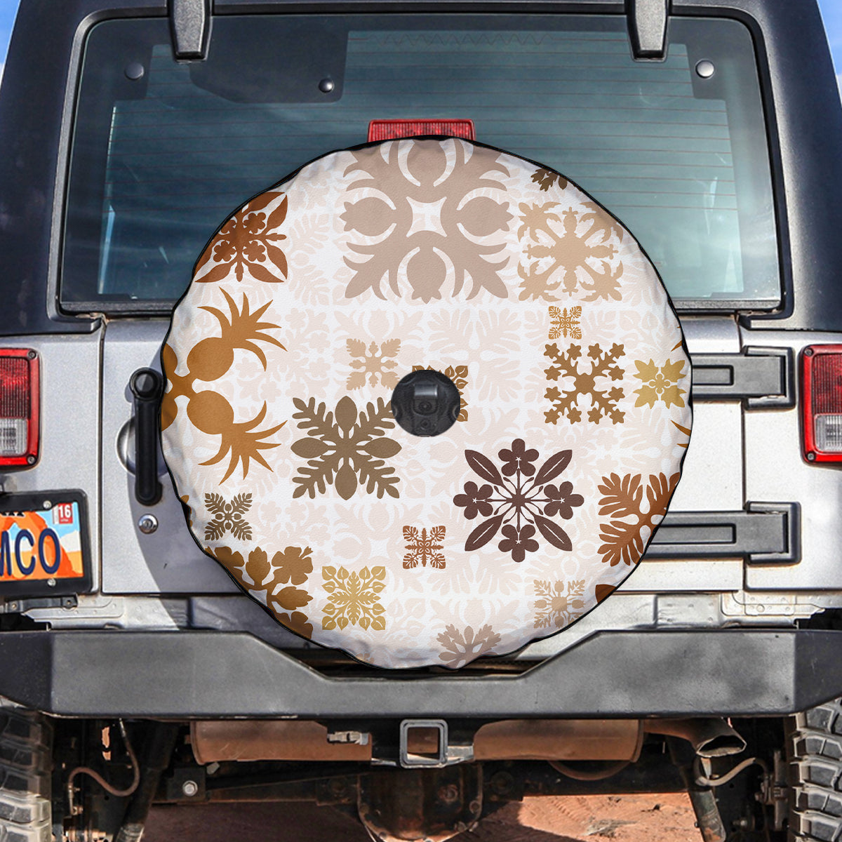Vintage Hawaii Spare Tire Cover Hawaiian Quilt Kapa Mismatch Beige - Wonder Print Shop