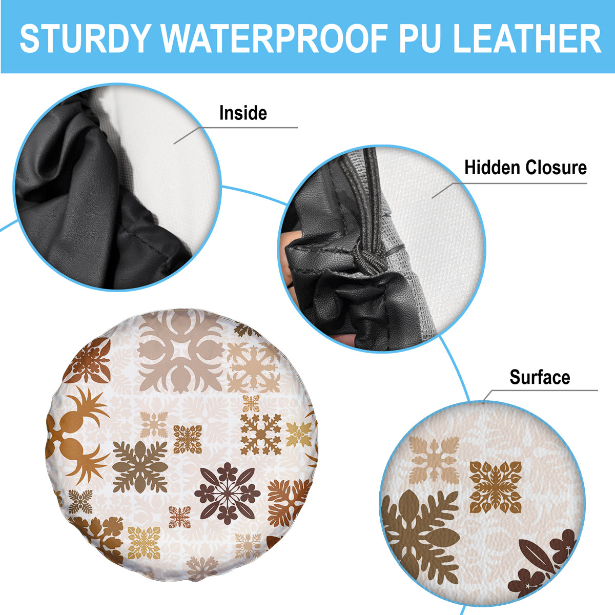 Vintage Hawaii Spare Tire Cover Hawaiian Quilt Kapa Mismatch Beige - Wonder Print Shop