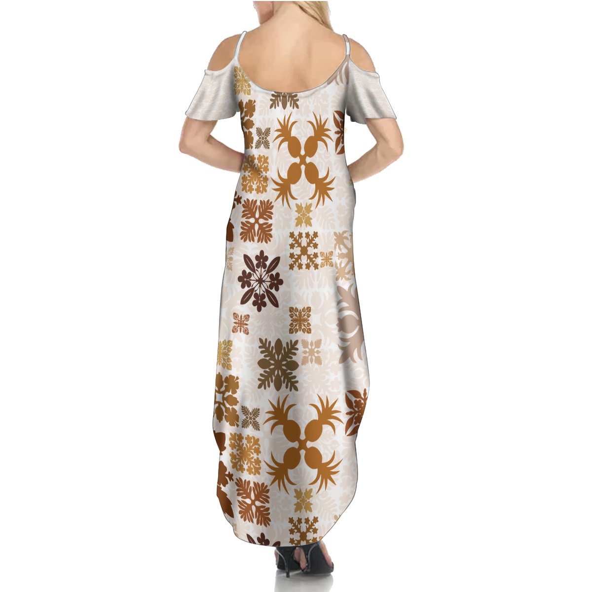 Vintage Hawaii Summer Maxi Dress Hawaiian Quilt Kapa Mismatch Beige - Wonder Print Shop