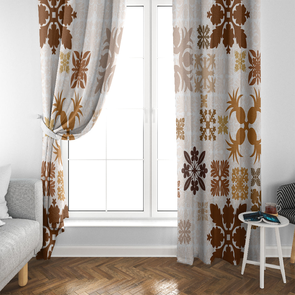 Vintage Hawaii Window Curtain Hawaiian Quilt Kapa Mismatch Beige - Wonder Print Shop