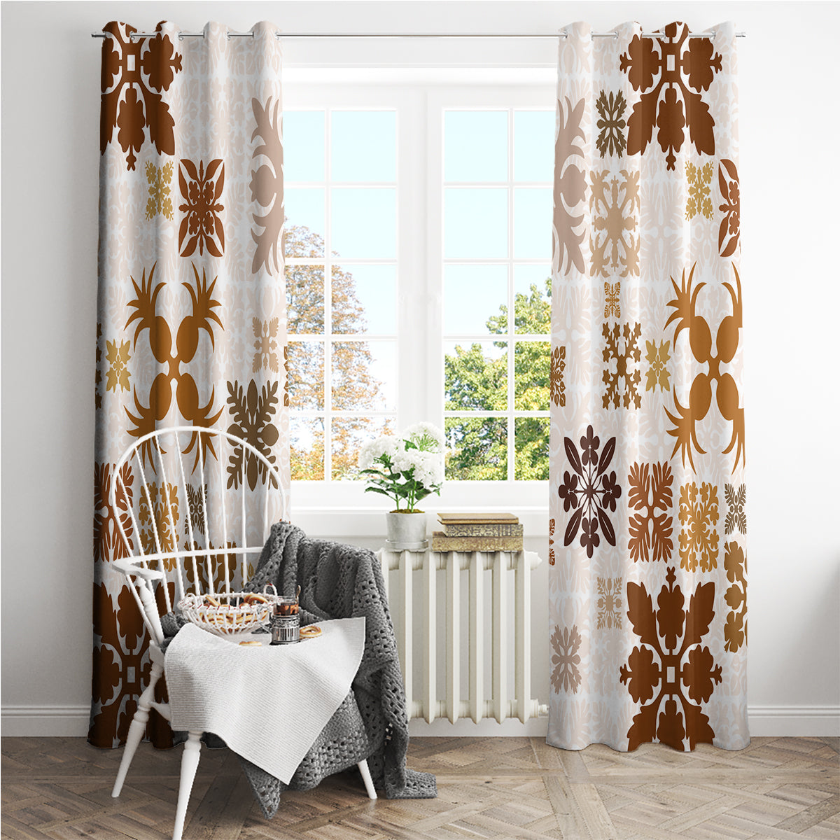 Vintage Hawaii Window Curtain Hawaiian Quilt Kapa Mismatch Beige - Wonder Print Shop