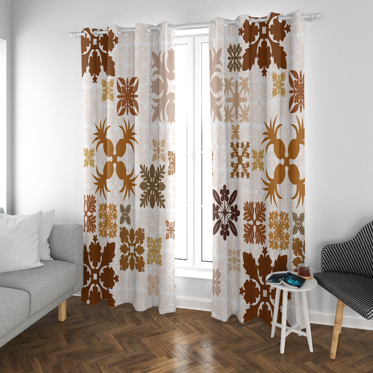 Vintage Hawaii Window Curtain Hawaiian Quilt Kapa Mismatch Beige - Wonder Print Shop