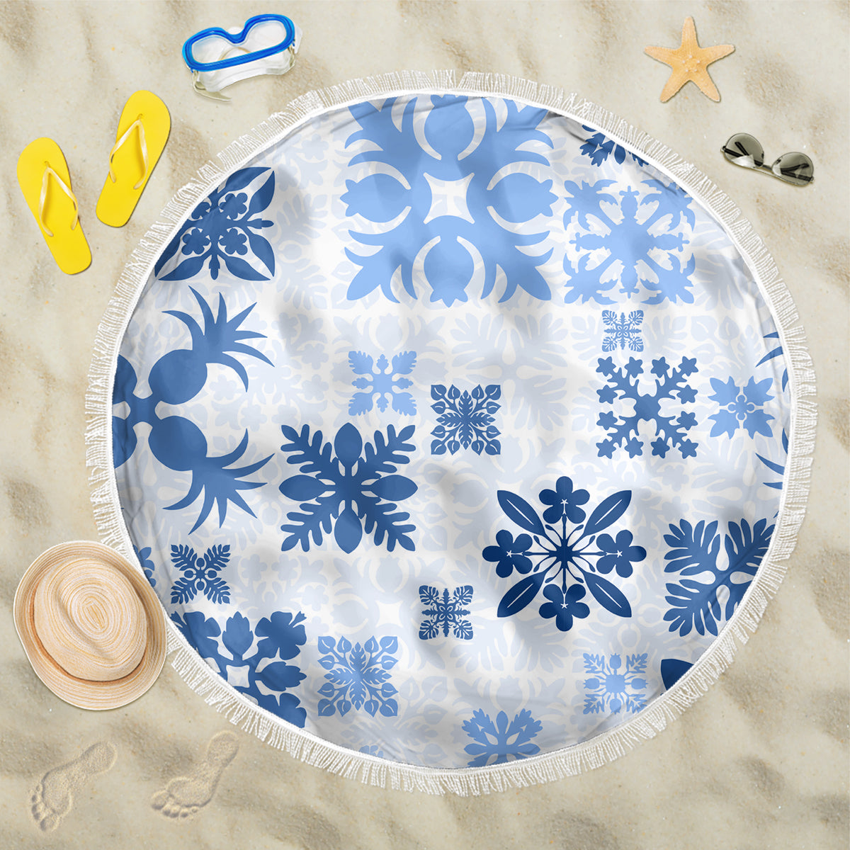 Vintage Hawaii Beach Blanket Hawaiian Quilt Kapa Mismatch Blue LT7 - Wonder Print Shop