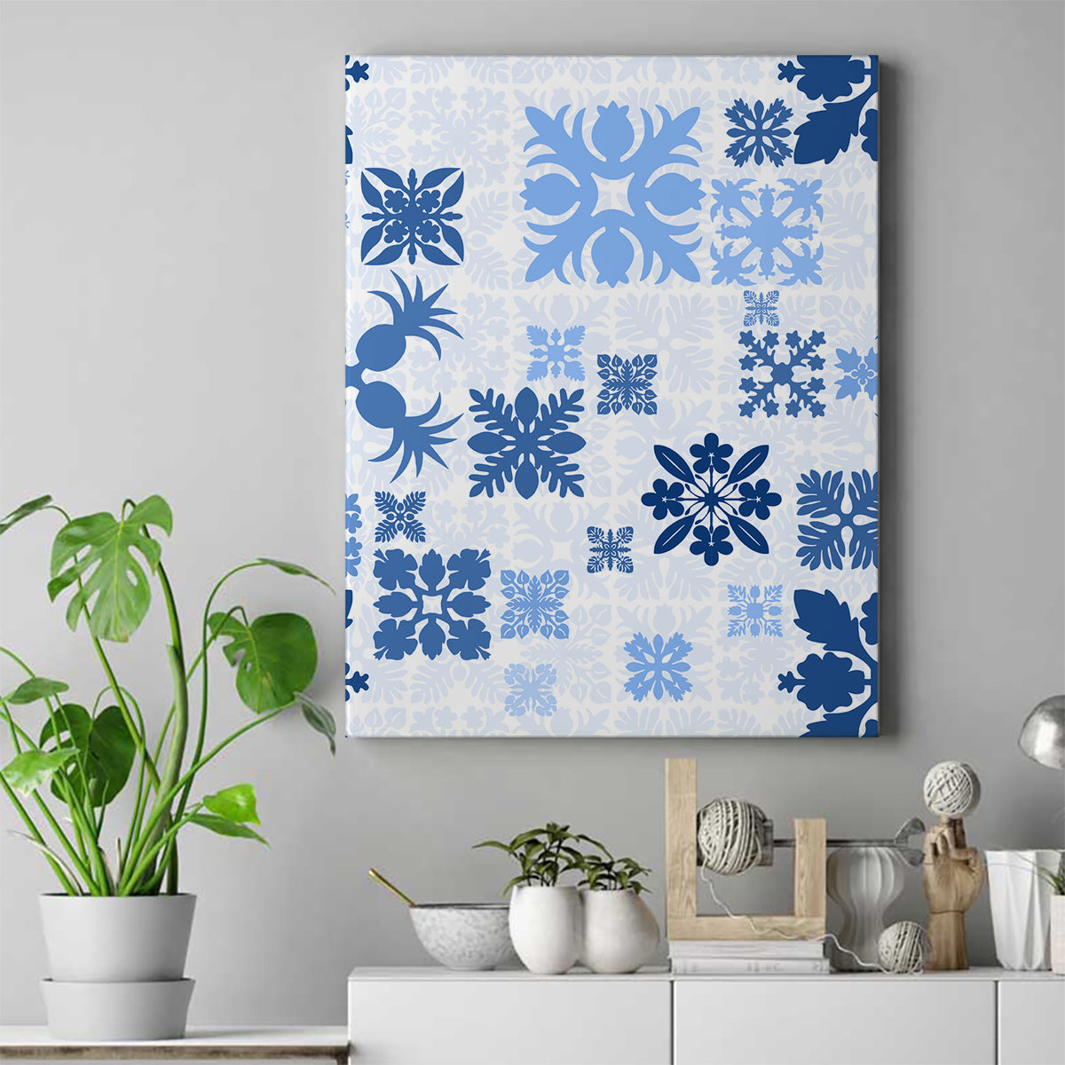 Vintage Hawaii Canvas Wall Art Hawaiian Quilt Kapa Mismatch Blue LT7 - Wonder Print Shop