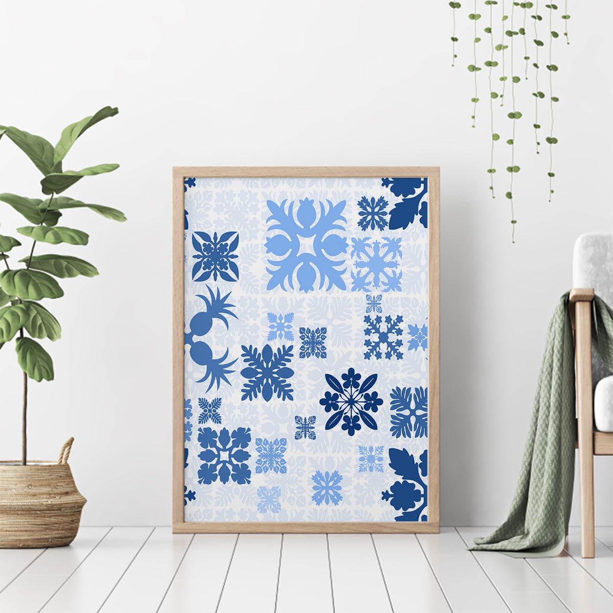 Vintage Hawaii Canvas Wall Art Hawaiian Quilt Kapa Mismatch Blue LT7 - Wonder Print Shop