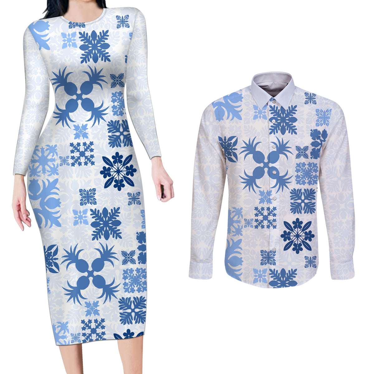 Vintage Hawaii Couples Matching Long Sleeve Bodycon Dress and Long Sleeve Button Shirts Hawaiian Quilt Kapa Mismatch Blue LT7 - Wonder Print Shop