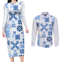 Vintage Hawaii Couples Matching Long Sleeve Bodycon Dress and Long Sleeve Button Shirts Hawaiian Quilt Kapa Mismatch Blue LT7 - Wonder Print Shop