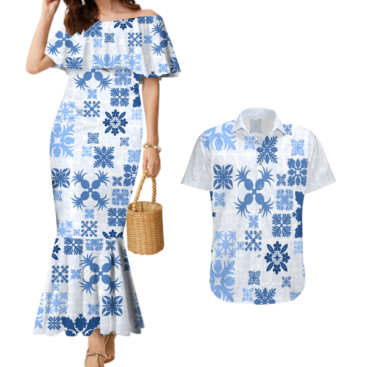 Vintage Hawaii Couples Matching Mermaid Dress and Hawaiian Shirt Hawaiian Quilt Kapa Mismatch Blue LT7 - Wonder Print Shop