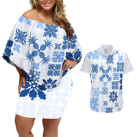 Vintage Hawaii Couples Matching Off Shoulder Short Dress and Hawaiian Shirt Hawaiian Quilt Kapa Mismatch Blue LT7 - Wonder Print Shop