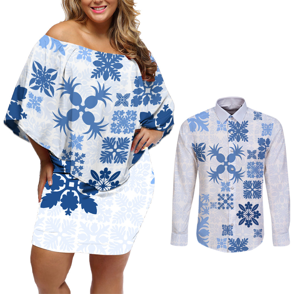 Vintage Hawaii Couples Matching Off Shoulder Short Dress and Long Sleeve Button Shirts Hawaiian Quilt Kapa Mismatch Blue LT7 - Wonder Print Shop