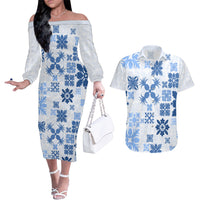 Vintage Hawaii Couples Matching Off The Shoulder Long Sleeve Dress and Hawaiian Shirt Hawaiian Quilt Kapa Mismatch Blue LT7 - Wonder Print Shop