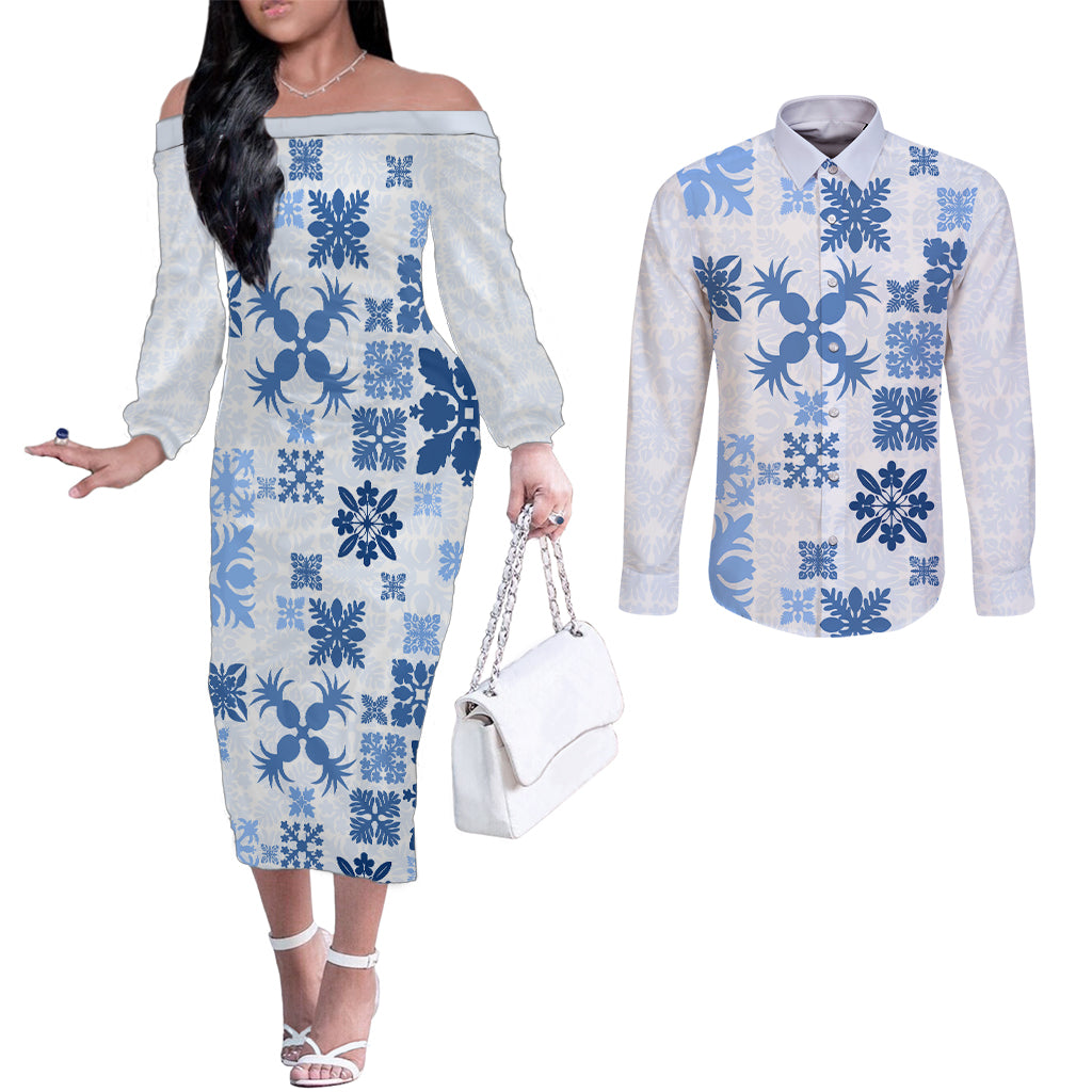 vintage-hawaii-couples-matching-off-the-shoulder-long-sleeve-dress-and-long-sleeve-button-shirts-hawaiian-quilt-kapa-mismatch-blue