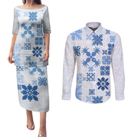 Vintage Hawaii Couples Matching Puletasi Dress and Long Sleeve Button Shirts Hawaiian Quilt Kapa Mismatch Blue LT7 - Wonder Print Shop