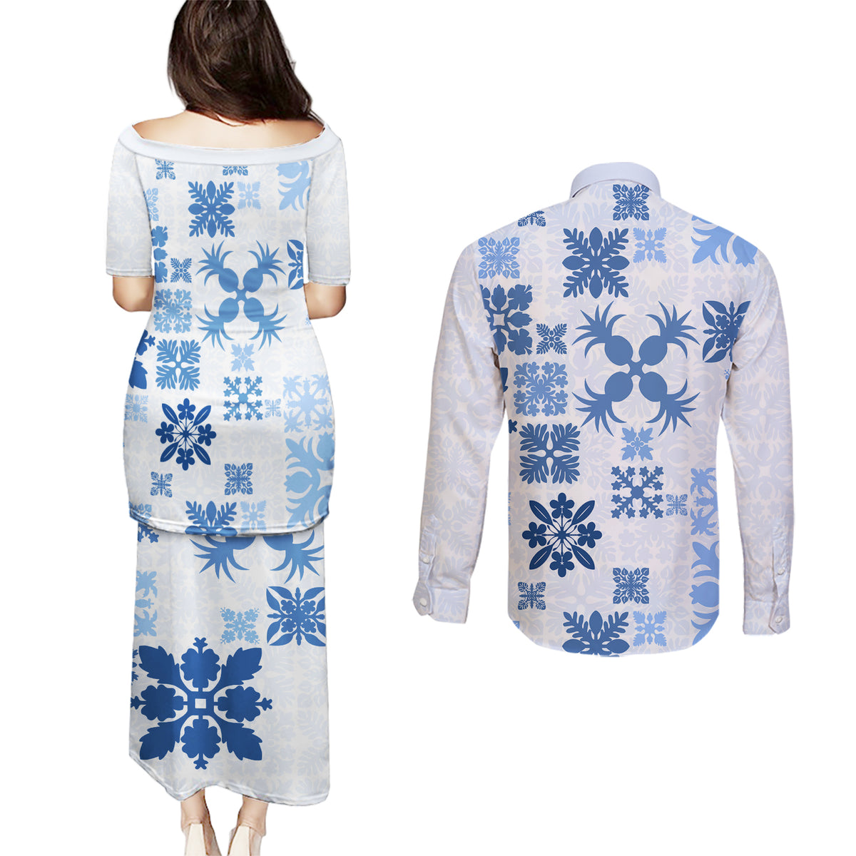 Vintage Hawaii Couples Matching Puletasi Dress and Long Sleeve Button Shirts Hawaiian Quilt Kapa Mismatch Blue LT7 - Wonder Print Shop