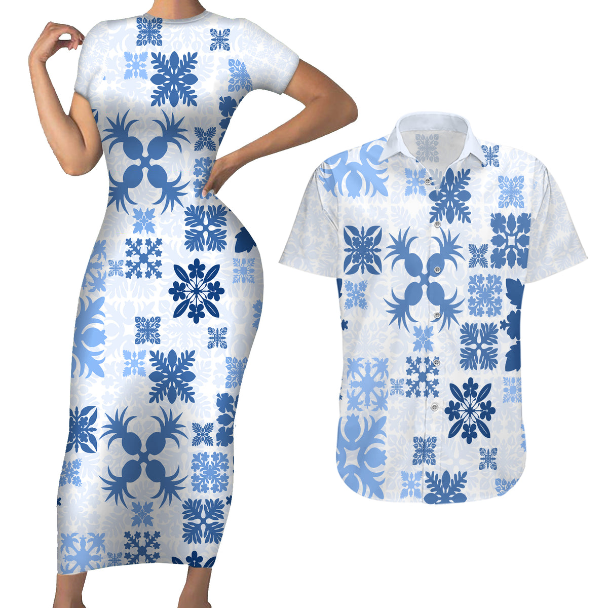 Vintage Hawaii Couples Matching Short Sleeve Bodycon Dress and Hawaiian Shirt Hawaiian Quilt Kapa Mismatch Blue LT7 - Wonder Print Shop