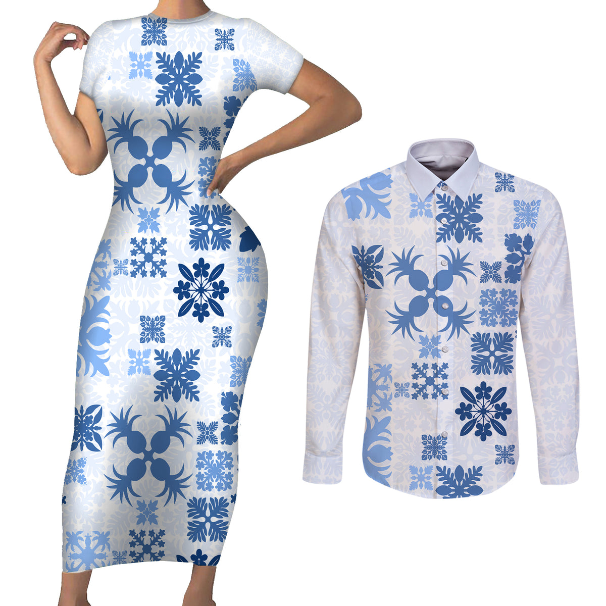 Vintage Hawaii Couples Matching Short Sleeve Bodycon Dress and Long Sleeve Button Shirts Hawaiian Quilt Kapa Mismatch Blue LT7 - Wonder Print Shop