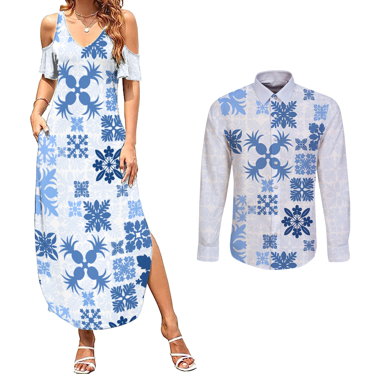 Vintage Hawaii Couples Matching Summer Maxi Dress and Long Sleeve Button Shirts Hawaiian Quilt Kapa Mismatch Blue LT7 - Wonder Print Shop