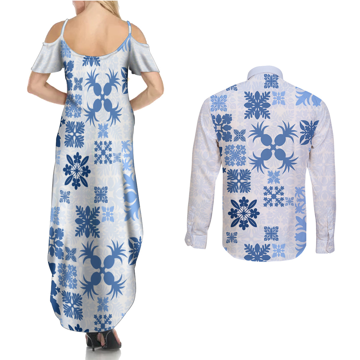 Vintage Hawaii Couples Matching Summer Maxi Dress and Long Sleeve Button Shirts Hawaiian Quilt Kapa Mismatch Blue LT7 - Wonder Print Shop