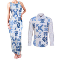 Vintage Hawaii Couples Matching Tank Maxi Dress and Long Sleeve Button Shirts Hawaiian Quilt Kapa Mismatch Blue LT7 - Wonder Print Shop