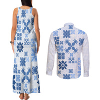 Vintage Hawaii Couples Matching Tank Maxi Dress and Long Sleeve Button Shirts Hawaiian Quilt Kapa Mismatch Blue LT7 - Wonder Print Shop
