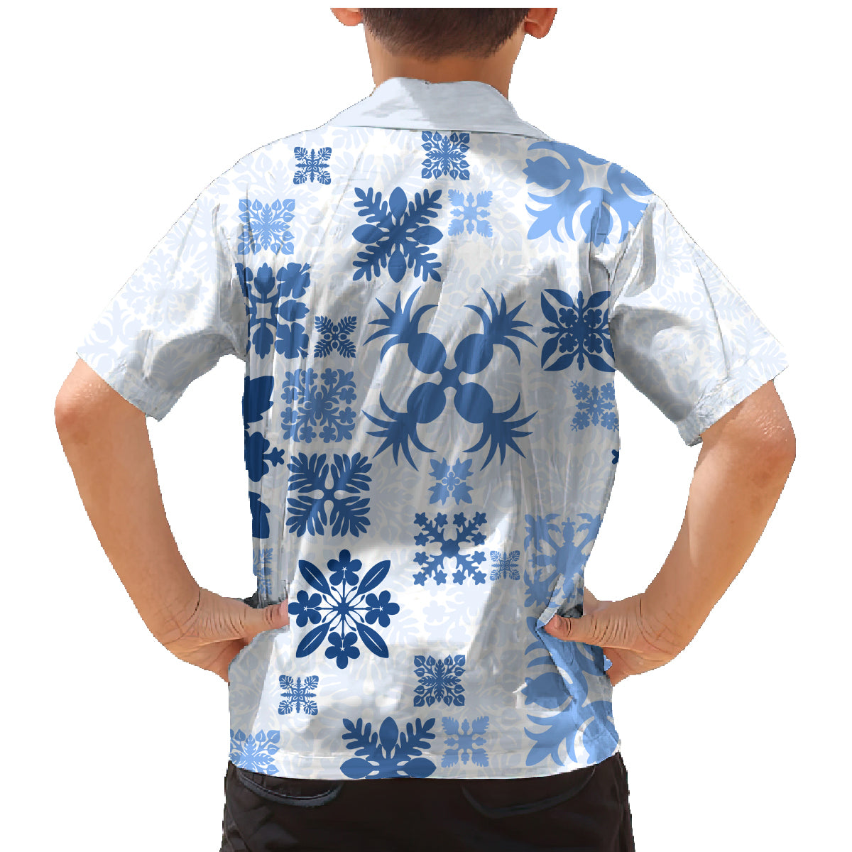 Vintage Hawaii Family Matching Mermaid Dress and Hawaiian Shirt Hawaiian Quilt Kapa Mismatch Blue LT7 - Wonder Print Shop