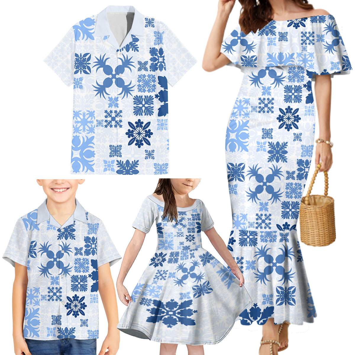 Vintage Hawaii Family Matching Mermaid Dress and Hawaiian Shirt Hawaiian Quilt Kapa Mismatch Blue LT7 - Wonder Print Shop