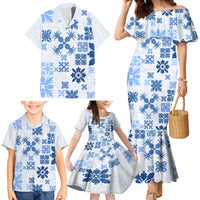 Vintage Hawaii Family Matching Mermaid Dress and Hawaiian Shirt Hawaiian Quilt Kapa Mismatch Blue LT7 - Wonder Print Shop