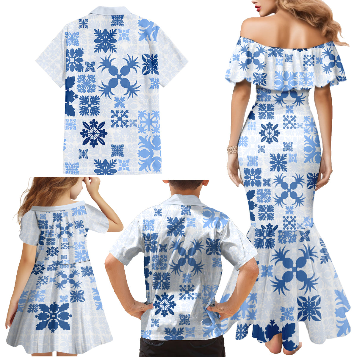 Vintage Hawaii Family Matching Mermaid Dress and Hawaiian Shirt Hawaiian Quilt Kapa Mismatch Blue LT7 - Wonder Print Shop
