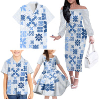 Vintage Hawaii Family Matching Off Shoulder Long Sleeve Dress and Hawaiian Shirt Hawaiian Quilt Kapa Mismatch Blue - Wonder Print Shop