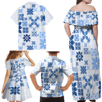 Vintage Hawaii Family Matching Off Shoulder Maxi Dress and Hawaiian Shirt Hawaiian Quilt Kapa Mismatch Blue LT7 - Wonder Print Shop