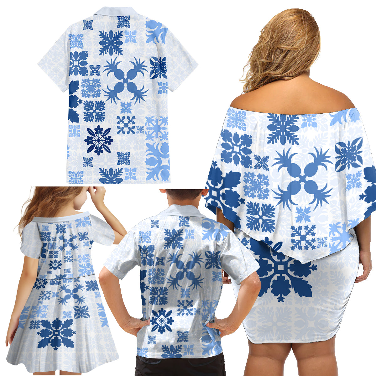 Vintage Hawaii Family Matching Off Shoulder Short Dress and Hawaiian Shirt Hawaiian Quilt Kapa Mismatch Blue LT7 - Wonder Print Shop