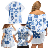 Vintage Hawaii Family Matching Off Shoulder Short Dress and Hawaiian Shirt Hawaiian Quilt Kapa Mismatch Blue LT7 - Wonder Print Shop