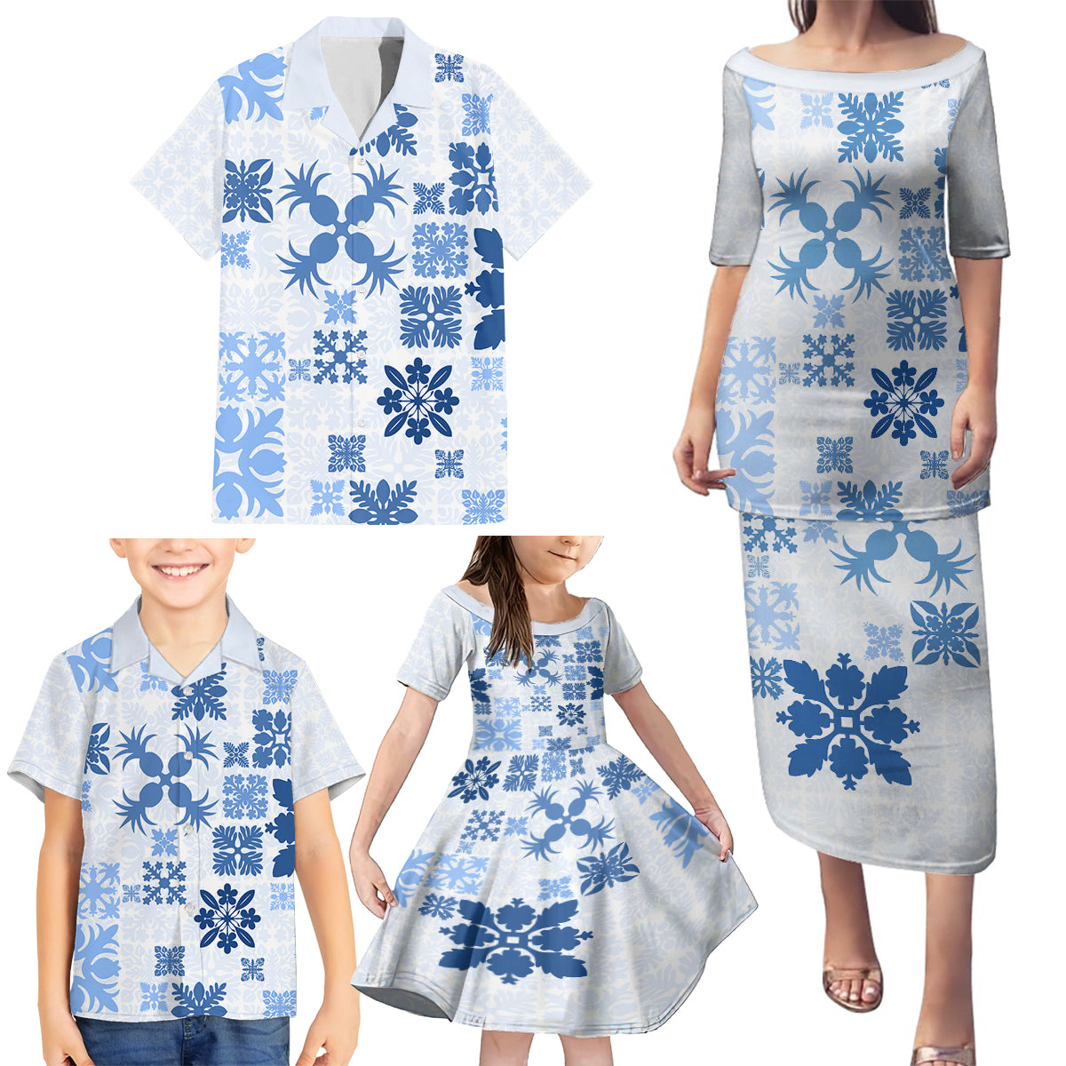 Vintage Hawaii Family Matching Puletasi Dress and Hawaiian Shirt Hawaiian Quilt Kapa Mismatch Blue - Wonder Print Shop