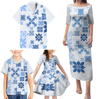 Vintage Hawaii Family Matching Puletasi Dress and Hawaiian Shirt Hawaiian Quilt Kapa Mismatch Blue - Wonder Print Shop