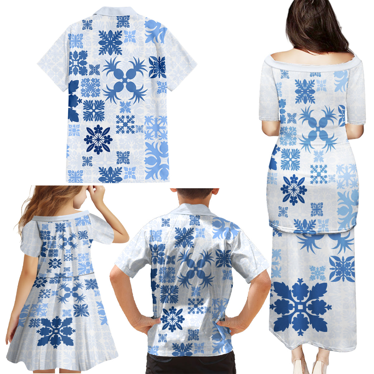 Vintage Hawaii Family Matching Puletasi Dress and Hawaiian Shirt Hawaiian Quilt Kapa Mismatch Blue - Wonder Print Shop