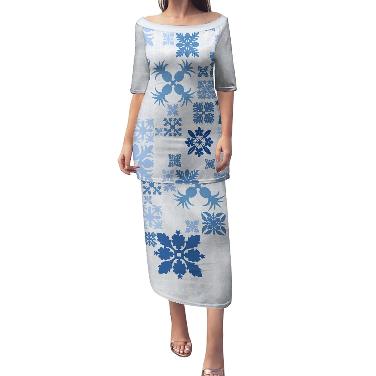 Vintage Hawaii Family Matching Puletasi Dress and Hawaiian Shirt Hawaiian Quilt Kapa Mismatch Blue - Wonder Print Shop