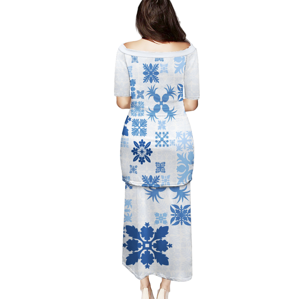 Vintage Hawaii Family Matching Puletasi Dress and Hawaiian Shirt Hawaiian Quilt Kapa Mismatch Blue - Wonder Print Shop