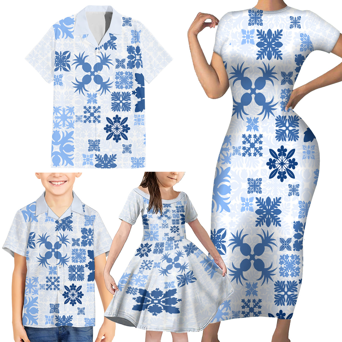 Vintage Hawaii Family Matching Short Sleeve Bodycon Dress and Hawaiian Shirt Hawaiian Quilt Kapa Mismatch Blue - Wonder Print Shop